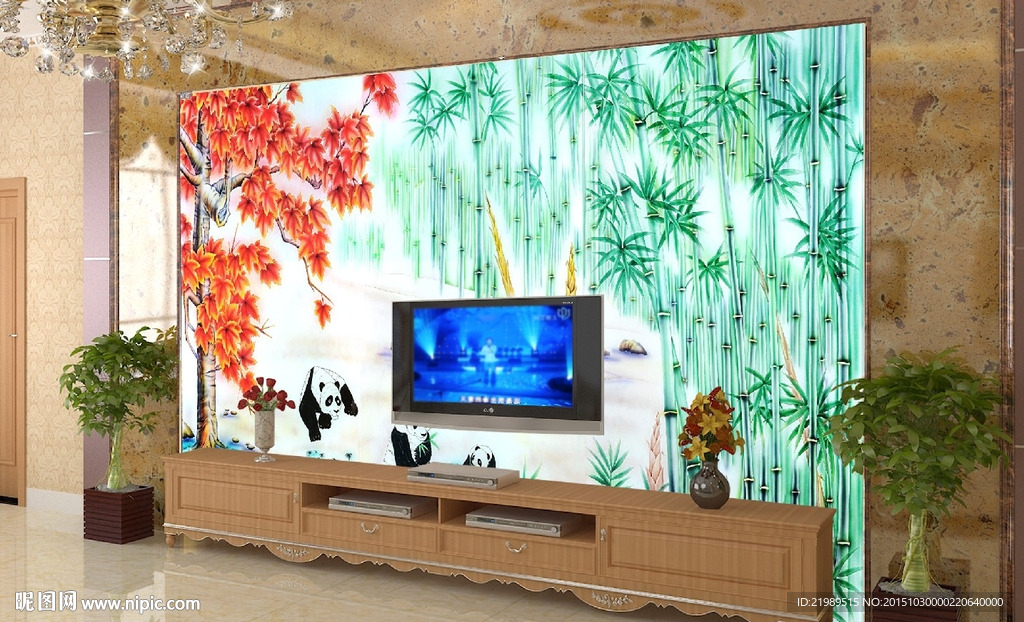 中式熊猫戏竹电视背景墙