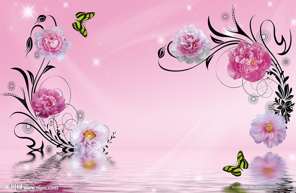 牡丹 蝴蝶 倒影