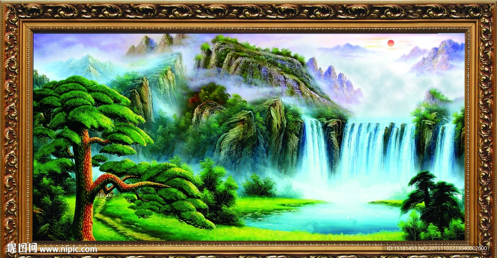 油画瀑布 迎客松