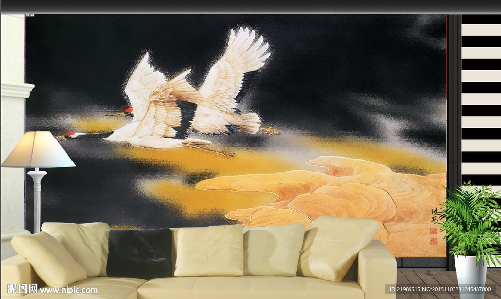 中式丹顶鹤腾飞祥云电视背景墙