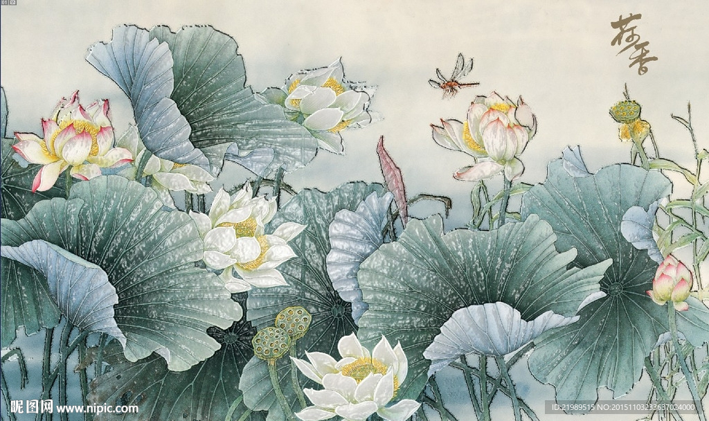 彩绘荷花飘香电视背景墙