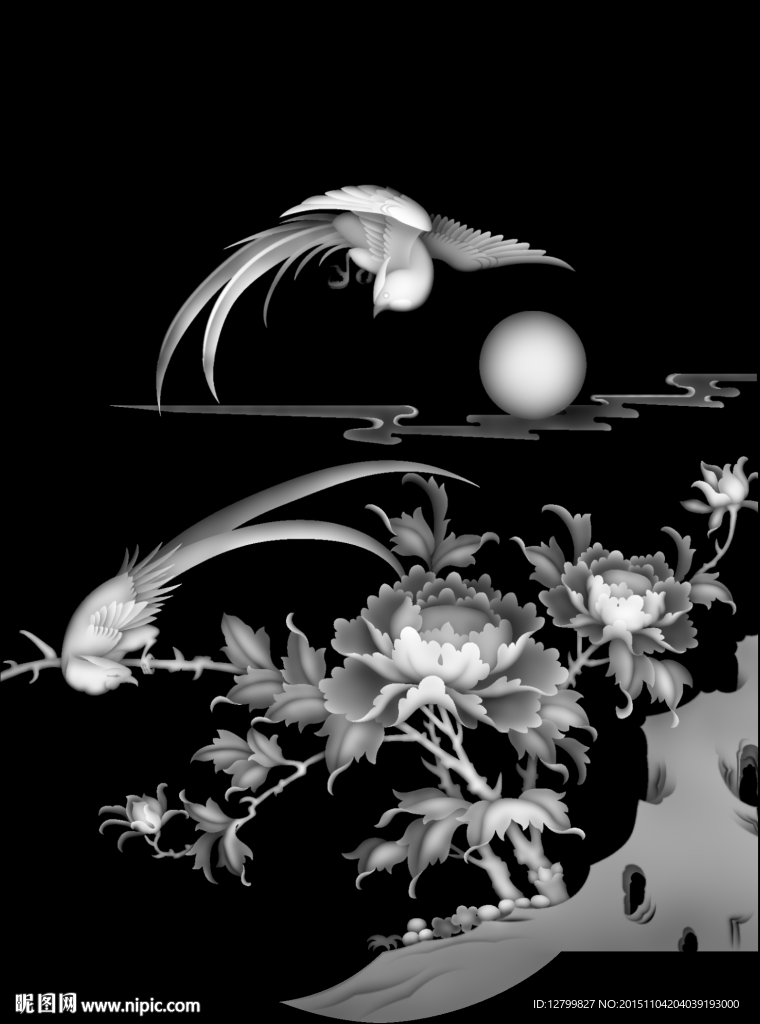牡丹花鸟灰度图