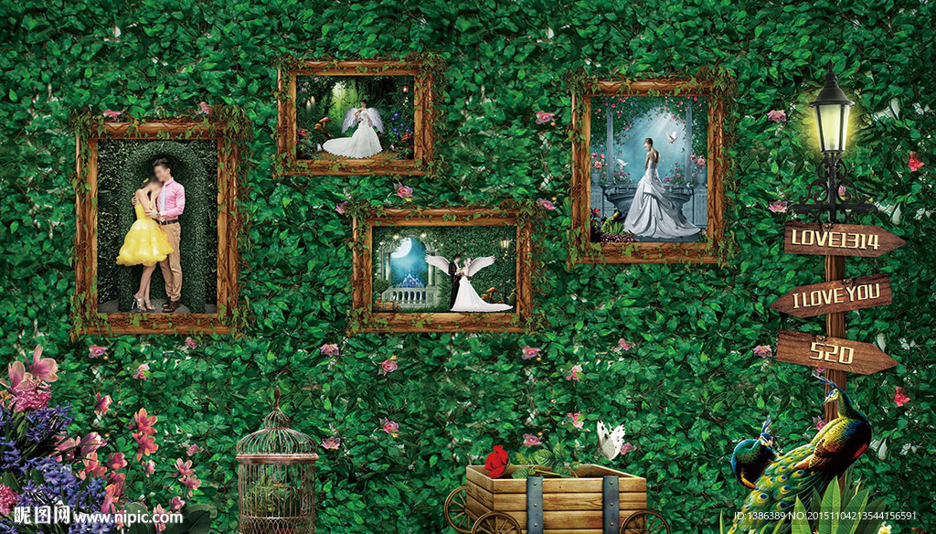 森林系婚礼签到处婚纱照片墙布置