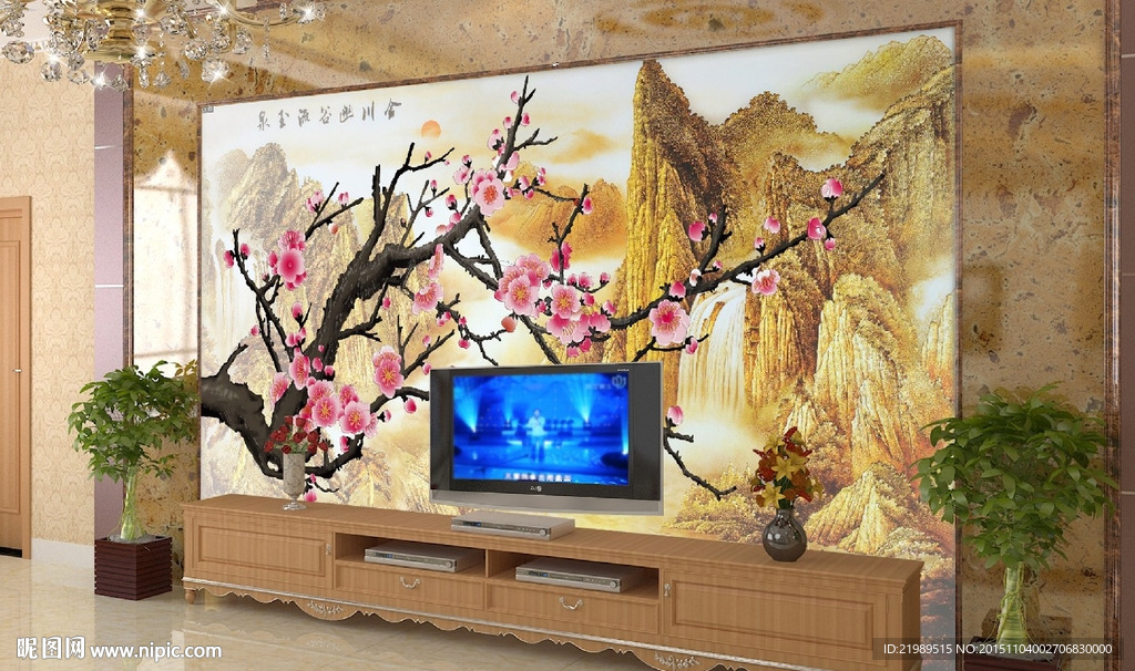 梅花飘香瀑布电视背景墙