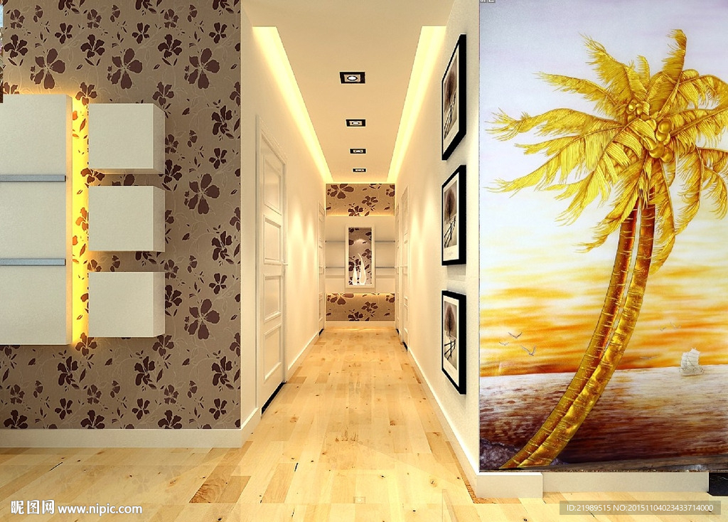 金色椰树海景玄关背景墙