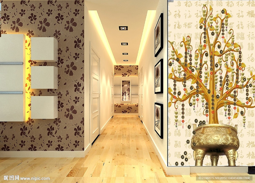 招财进宝发财树玄关背景墙