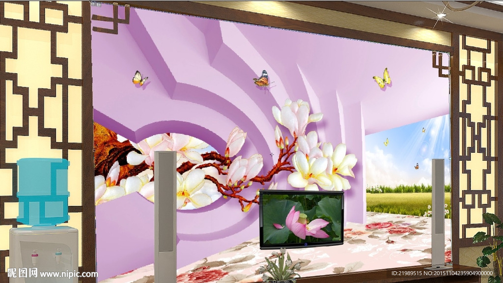 阳光明媚玉兰花开电视背景墙