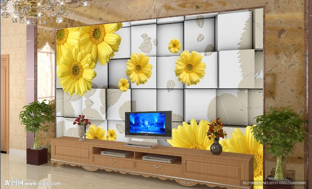 3D菊花方格电视背景墙