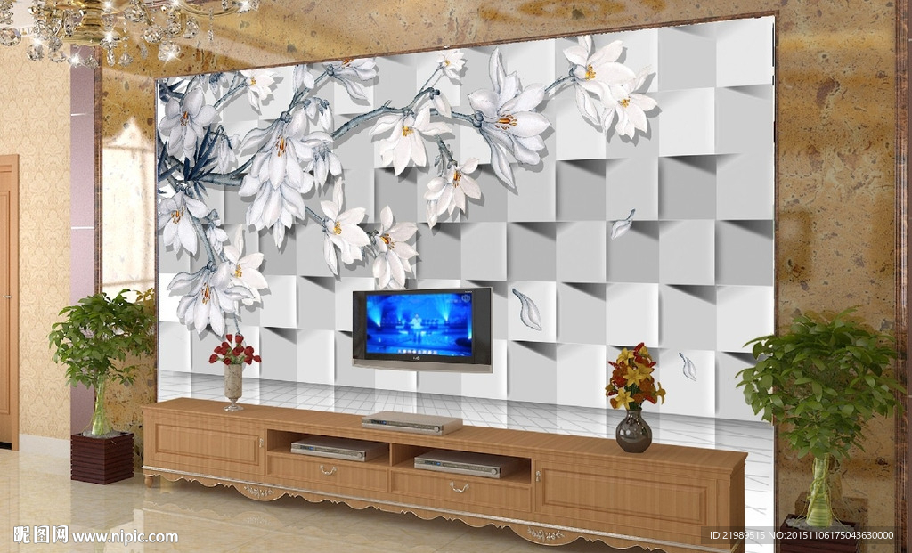 玉雕玉兰花电视背景墙