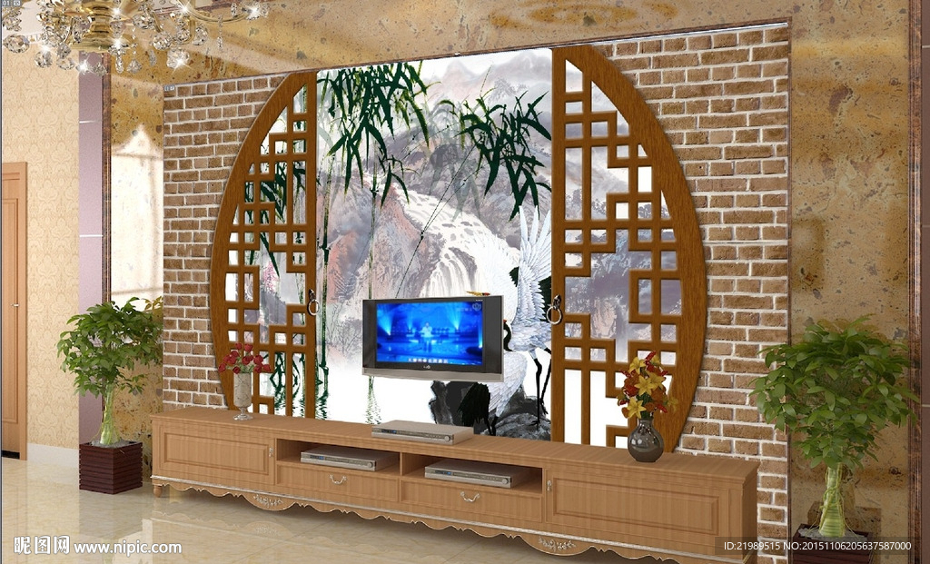 中式竹子仙鹤屏风电视背景墙