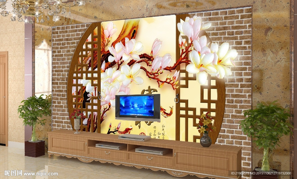 玉雕3D玉兰花家和富贵电视背景