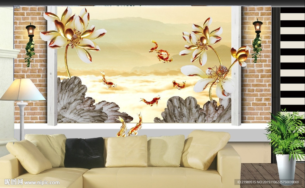 彩雕荷花九锦鲤鱼3D电视背景墙