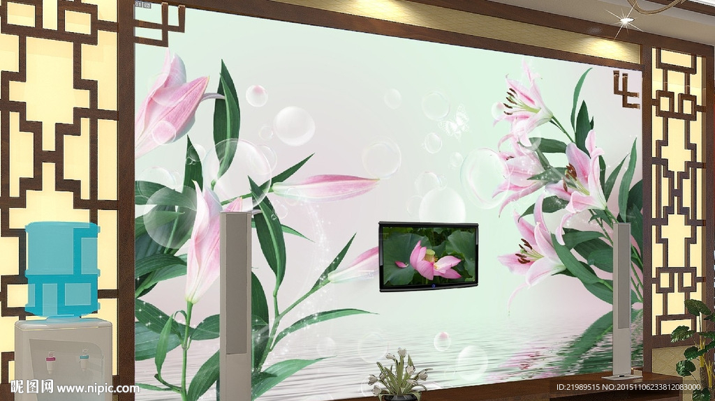 清新百合花电视背景墙