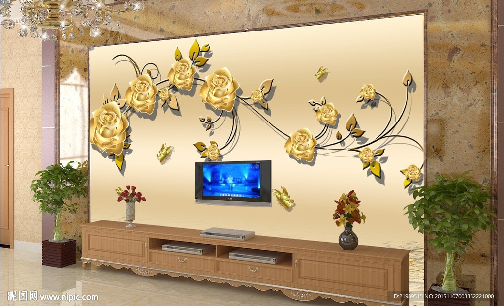 欧式金色玫瑰电视背景墙
