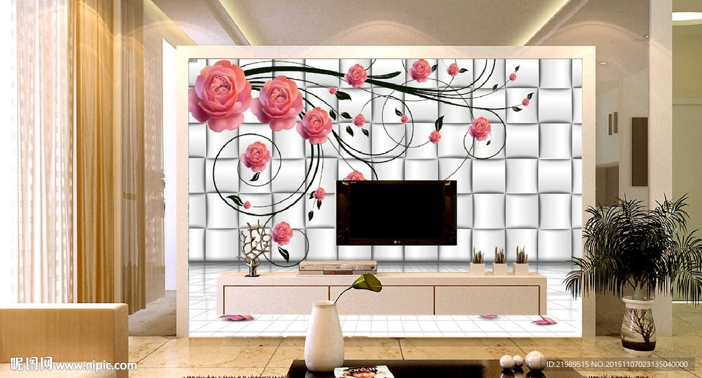 玫瑰3D立体电视背景墙