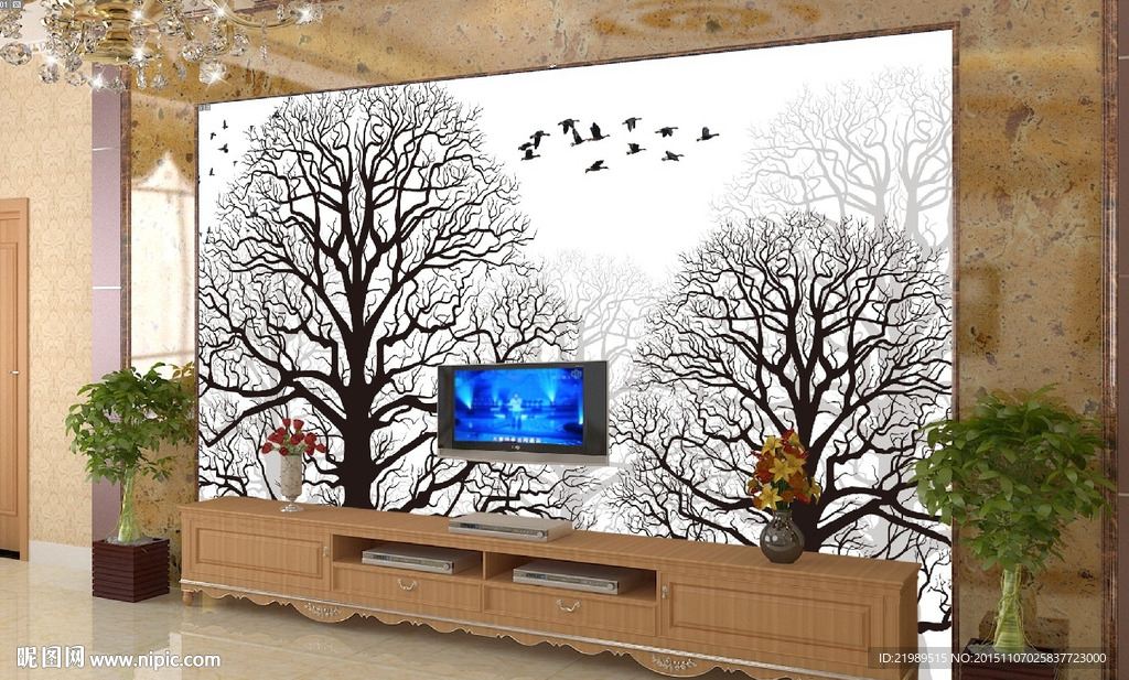 艺术树干电视背景墙