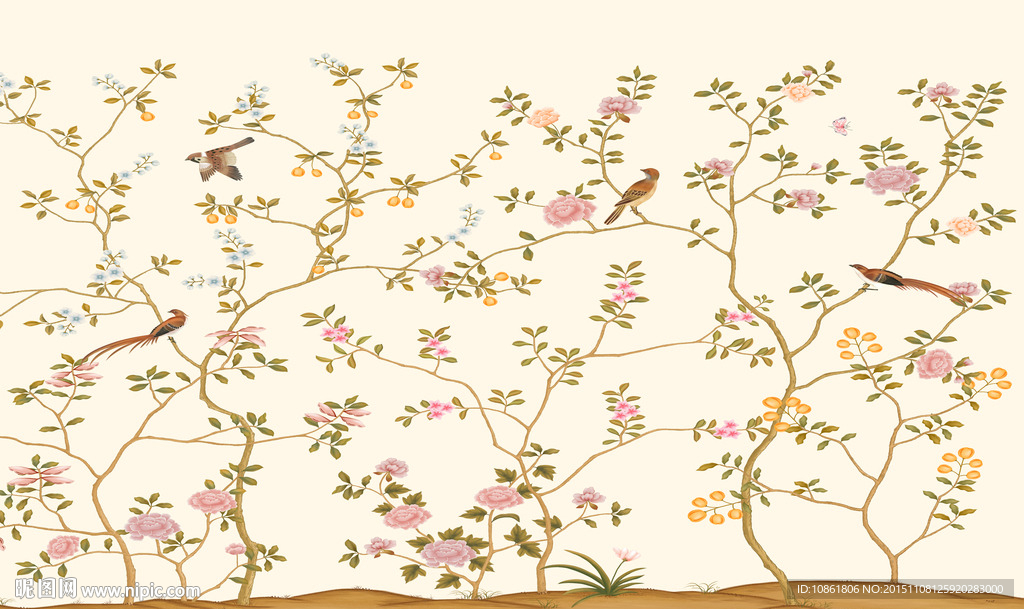 树百鸟工笔画背景墙