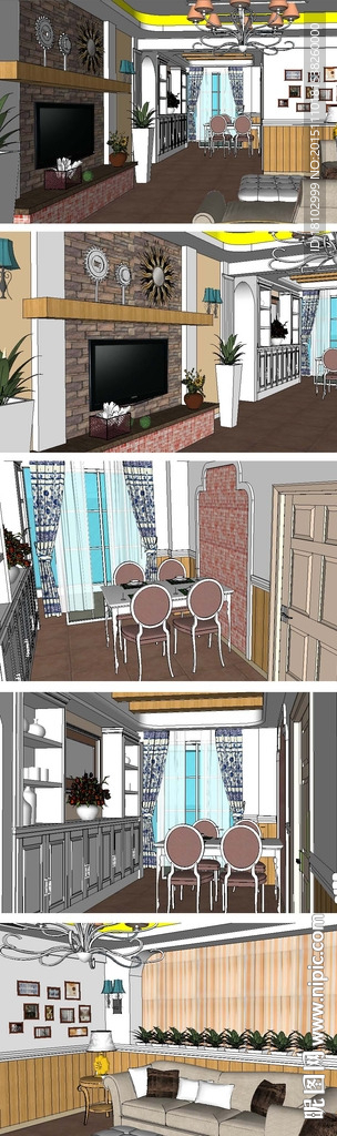 田园风格客餐厅草图模型