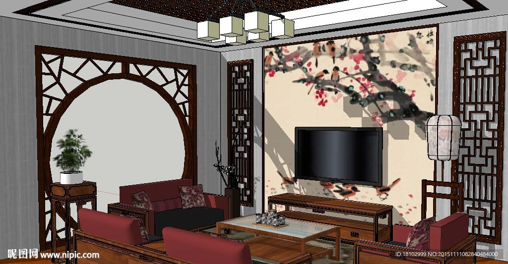 中式小客厅室内草图大师SU模型