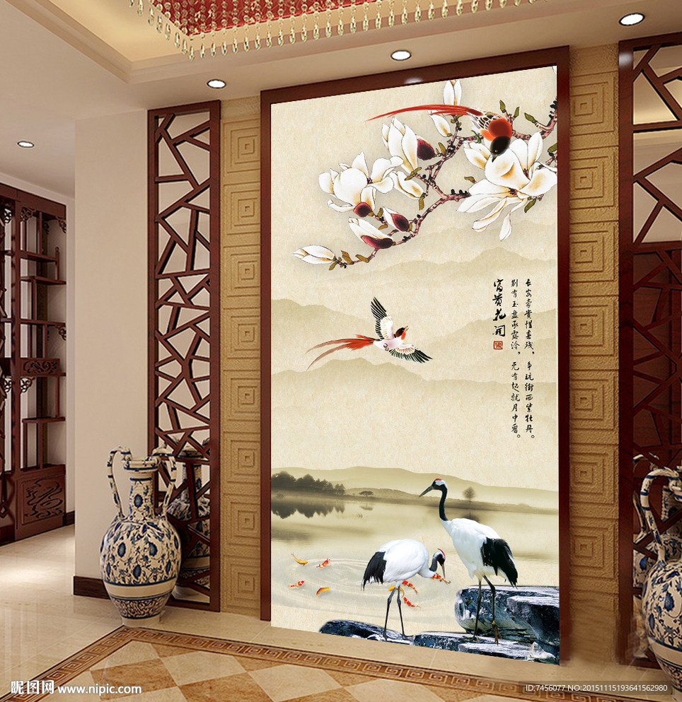 富贵花开水墨花鸟画玄关