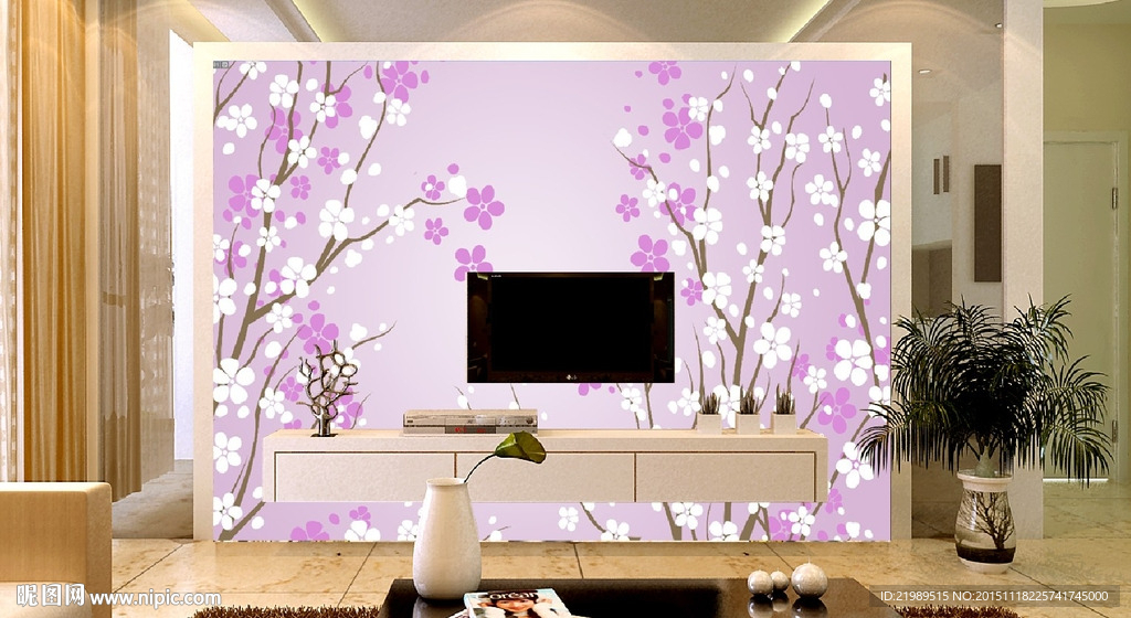 浪漫花朵现代电视背景墙