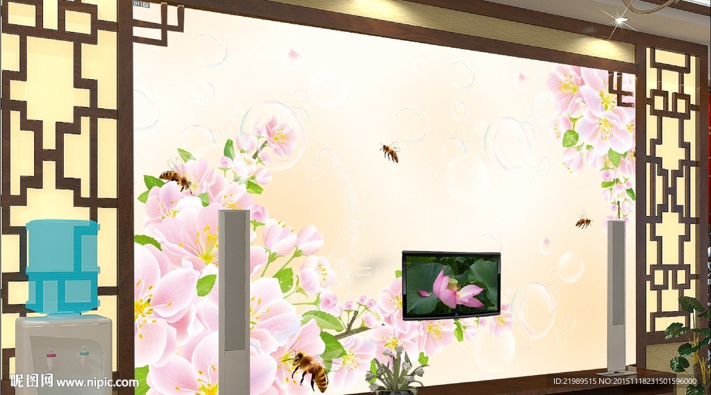 现代蜜蜂采鲜花电视背景墙