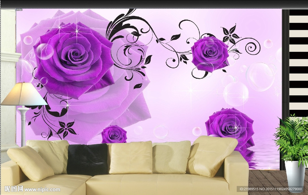 3D紫色玫瑰电视背景墙