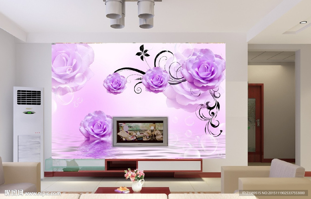 现代玫瑰3D电视背景墙