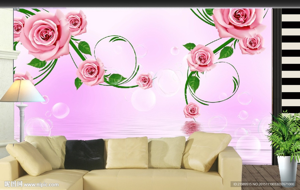 3D粉色玫瑰花电视背景墙