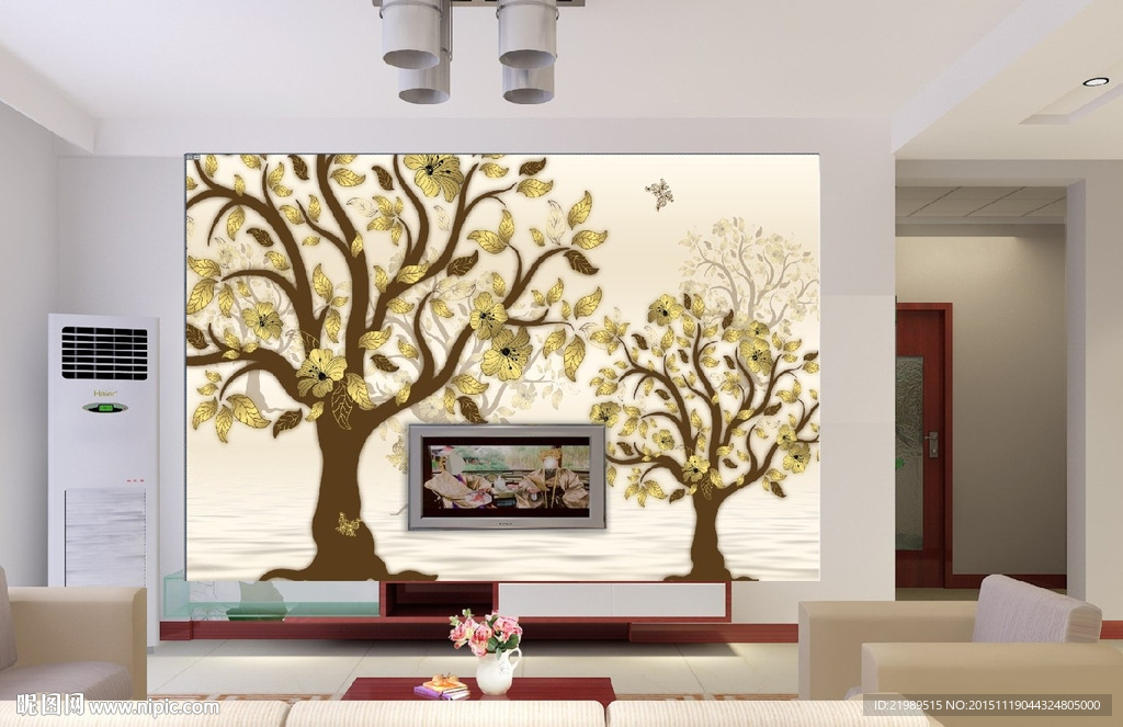 手绘立体树电视背景墙