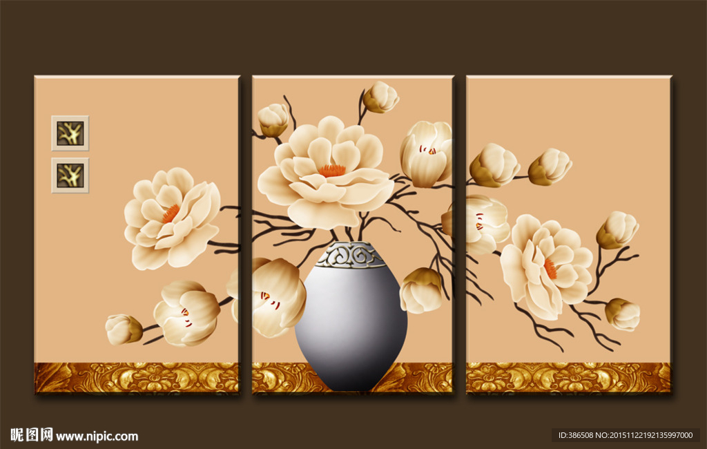 无框画　三联画　花卉　花瓶