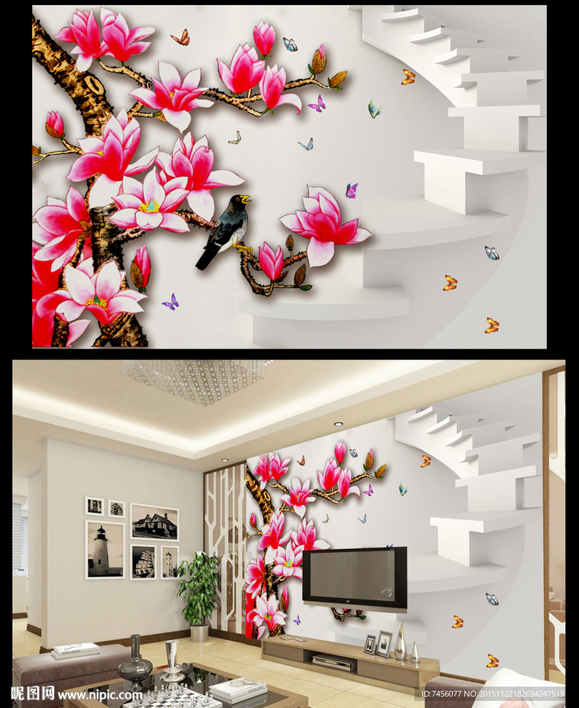 花鸟兰花楼梯电视机背景墙