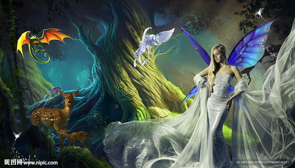 魔幻森林古树美丽女神写真美图