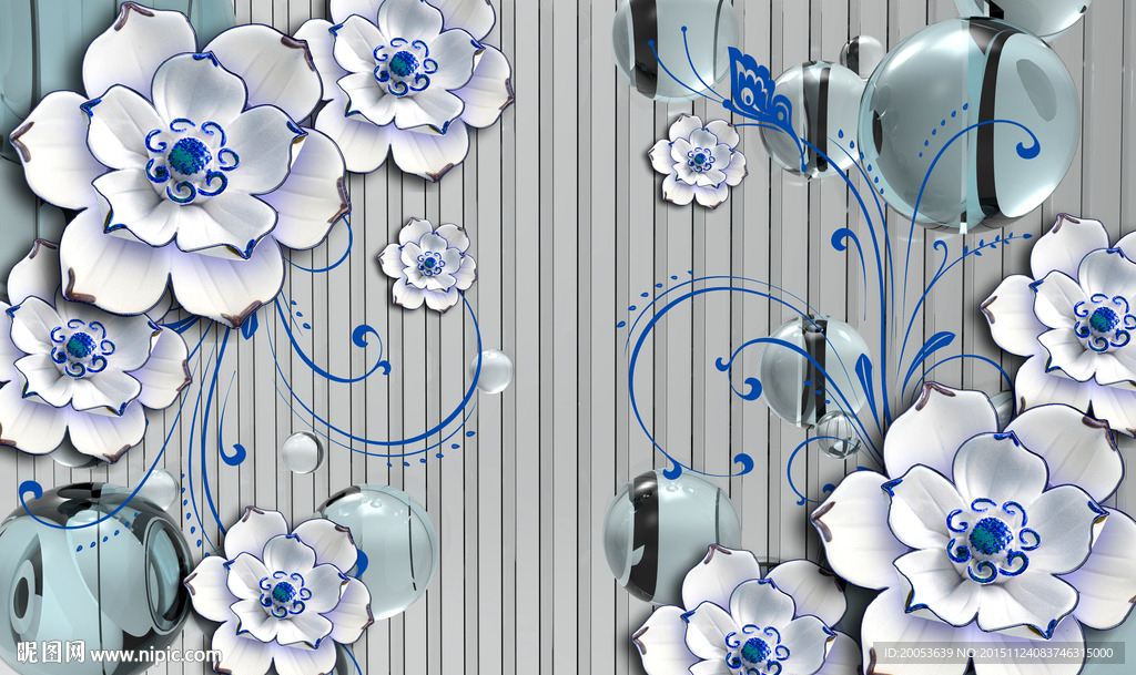 3d蓝色花朵电视背景墙