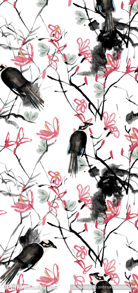 高清 中国风 水墨花鸟组合图案