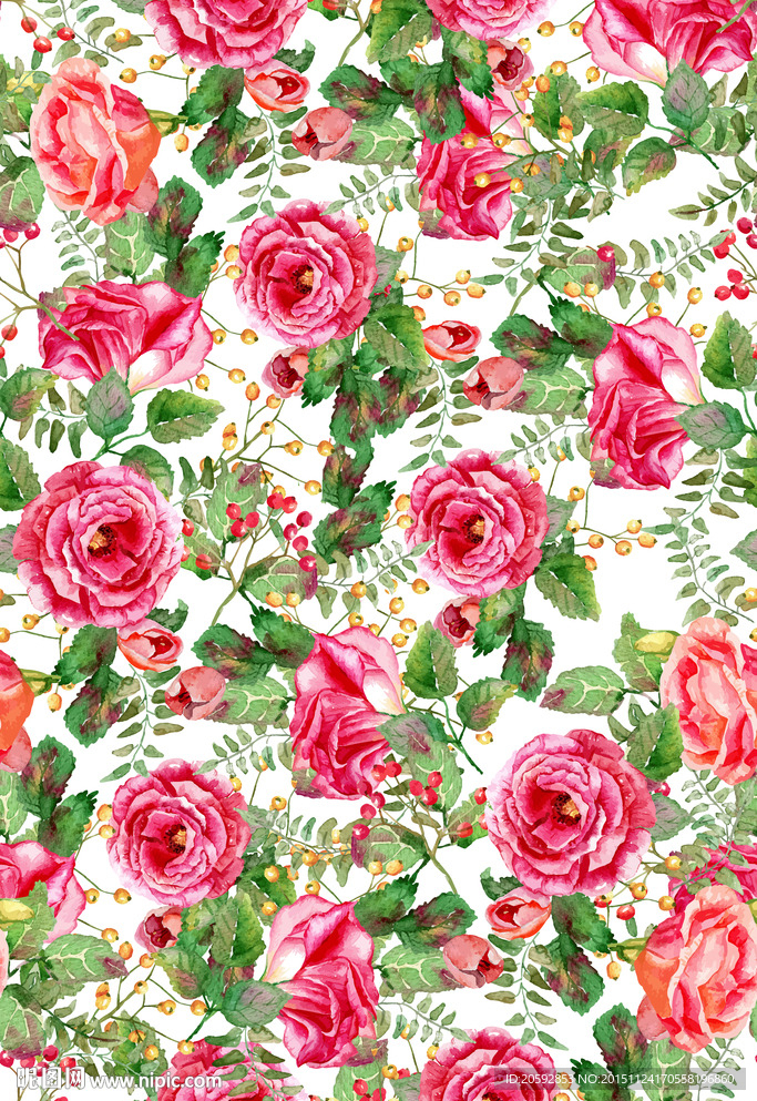 原创四方连续手绘水彩花卉