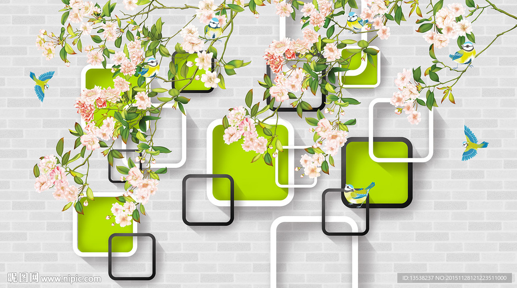 立体格子砖墙背景花鸟壁画
