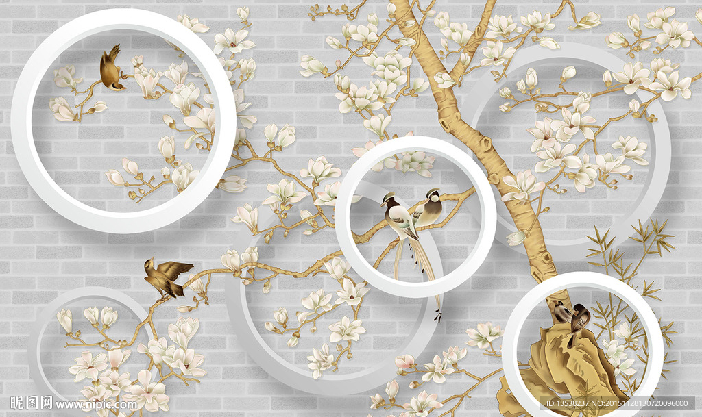 3D立体砖墙背景花鸟图