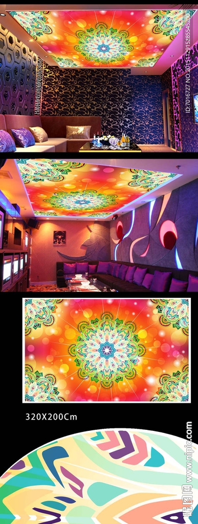 炫丽花纹图案吊顶壁画