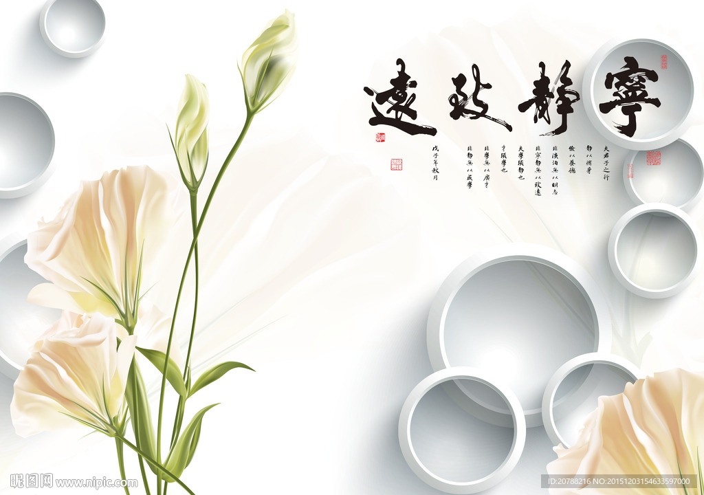 宁静致远3D圆圈花卉电视墙