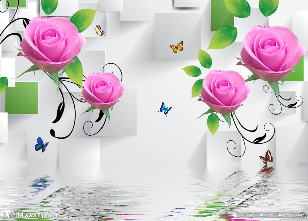 3D方格玫瑰倒影