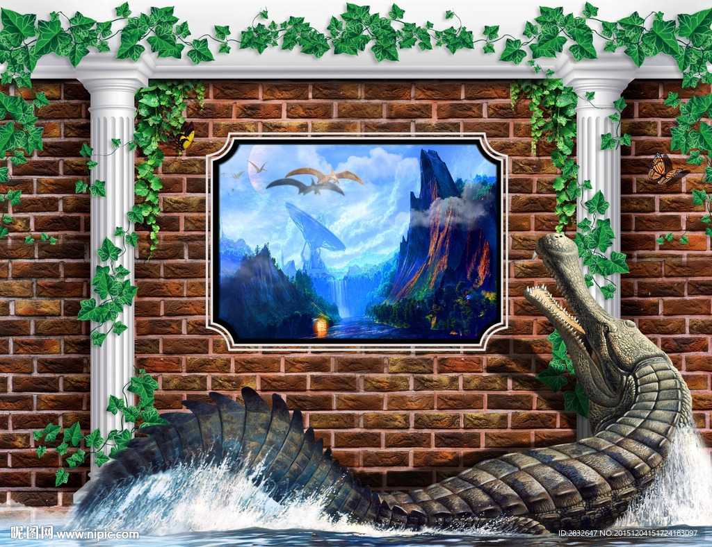 鳄鱼壁画 立体墙画 3D电视墙