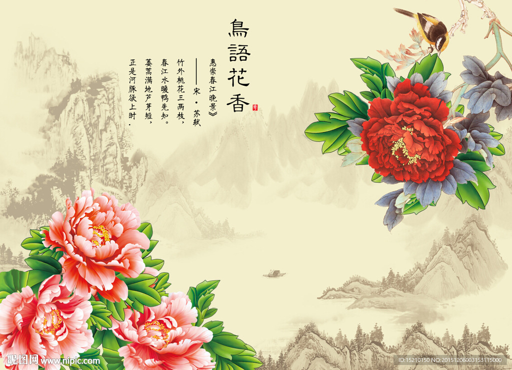 鸟语花香牡丹花