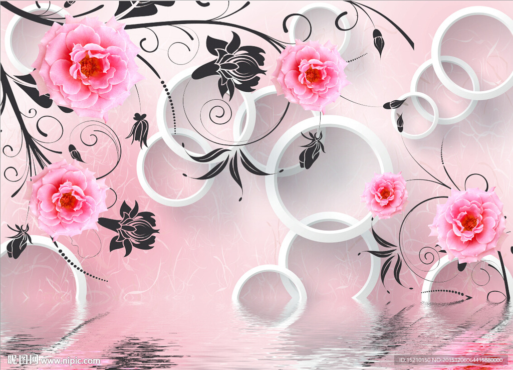 3D粉色玫瑰花倒影