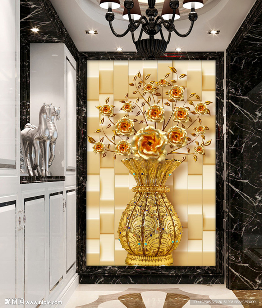 金玫瑰发财树立体玄关过道背景墙