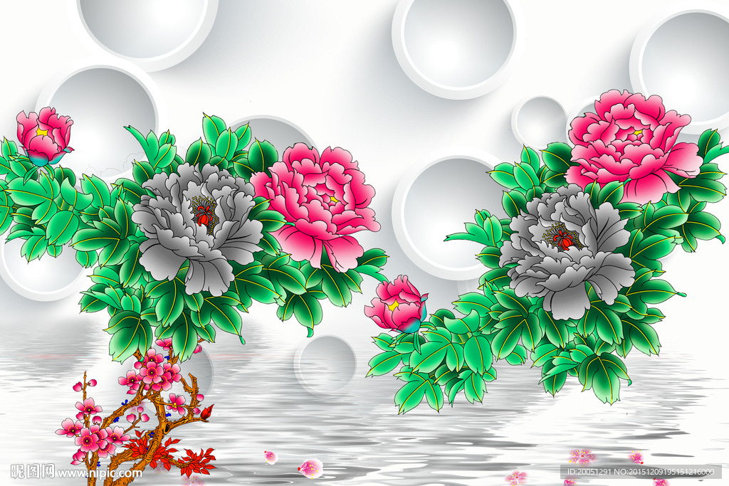 3d牡丹背景墙