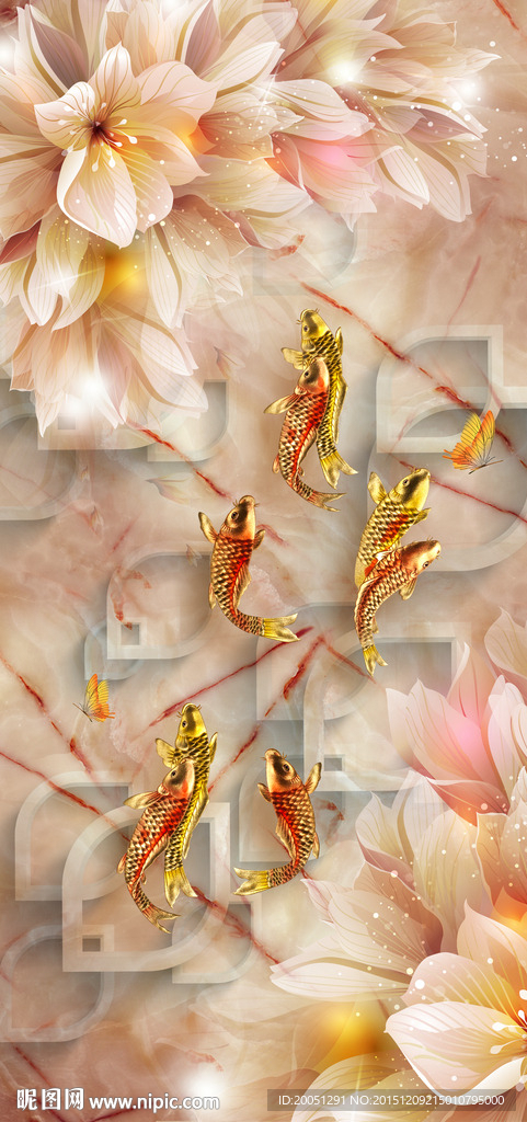 花朵鲤鱼图 玄关背景墙