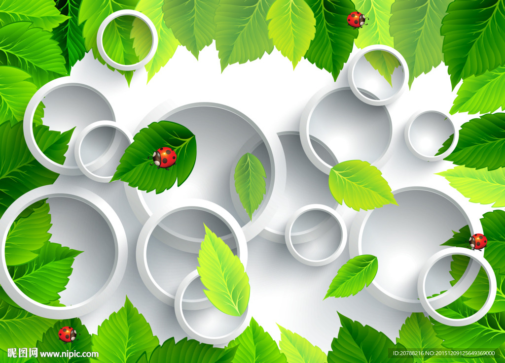 3D圆圈绿叶瓢虫背景墙