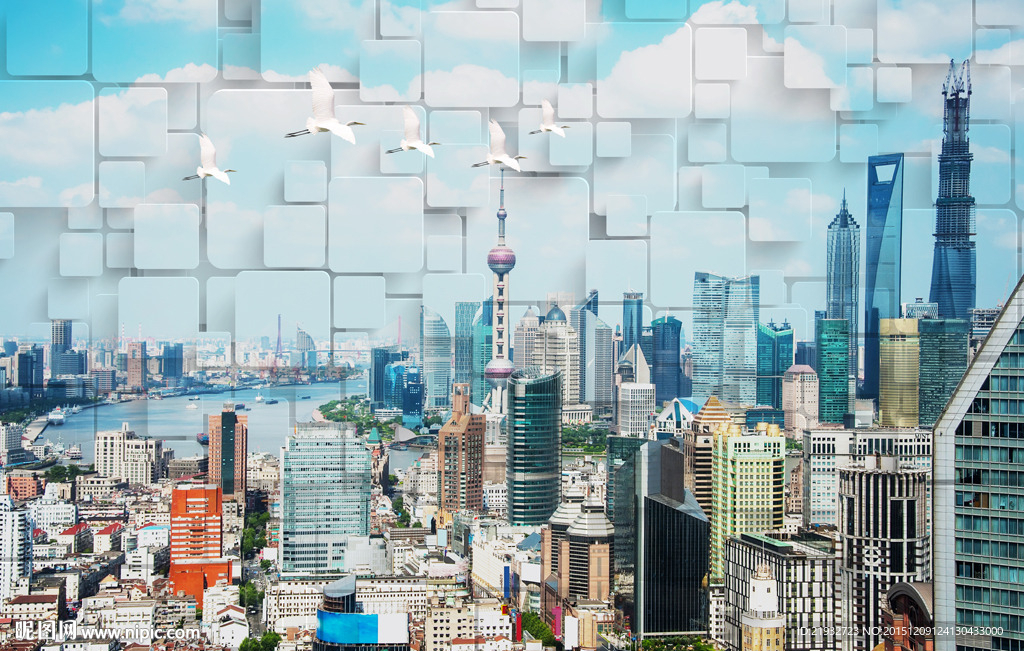 蓝天白云东方明珠电视背景墙