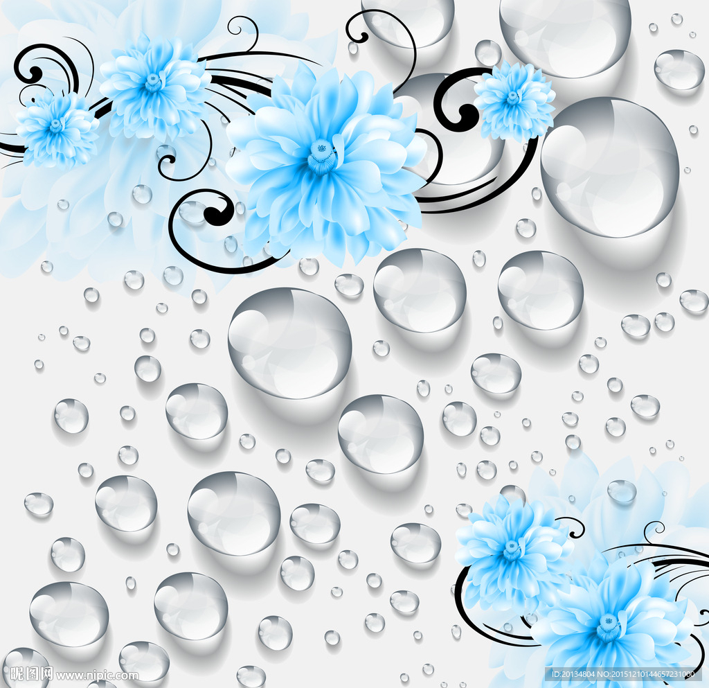 3D水珠玫瑰藤蔓蓝色花背景墙